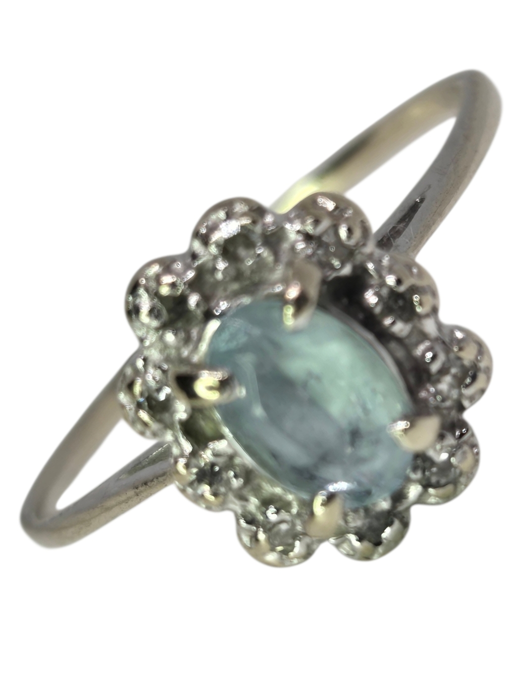 14K Solid White Gold A Floral Halo Ring with Light Blue Aquamarine Center Stone